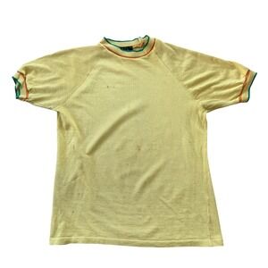 h.i.s. Vintage 70s Ringer T-Shirt Distressed Raglan Acetate Cotton Small Yellow